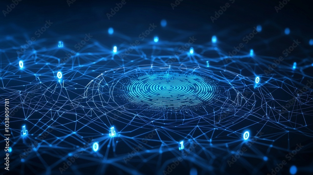 Fototapeta premium An image depicting a blue digital fingerprint surrounded by data streams on a blue bokeh background, symbolizes AI in biometric security