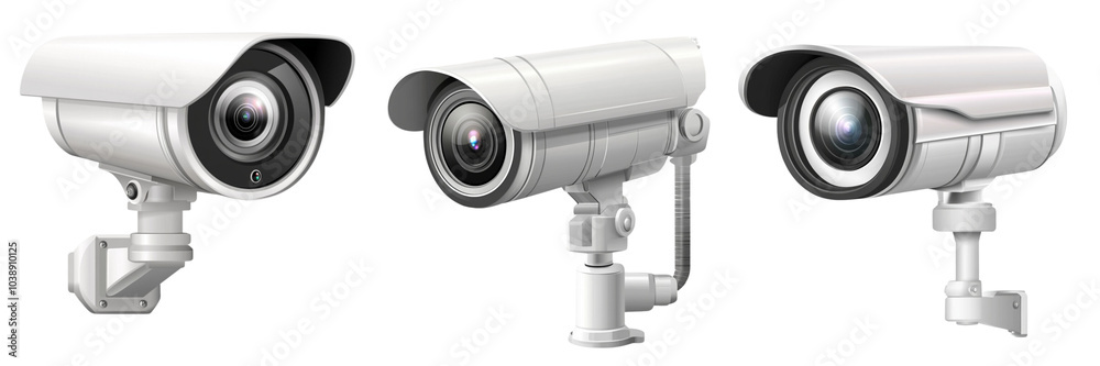 Set of A stylish, bullet-style security surveillance camera with a matte silver finish on transparent background. Ai generated Set of A stylish, bullet-style security surveillance camera with a matte silver finish on transparent background. Ai generated