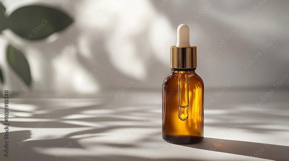 Naklejka premium Brown glass dropper bottle with golden cap on soft shadowed background.