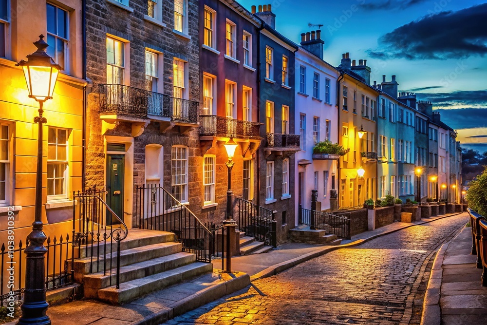 Fototapeta premium A glimpse of Bristol's Georgian terraces under the starry sky.