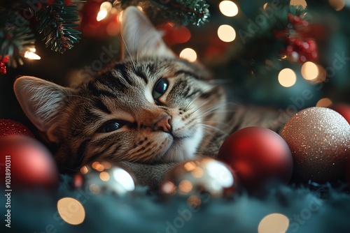 A cozy cat resting among Christmas decorations and colorful ornaments in festive ambiance