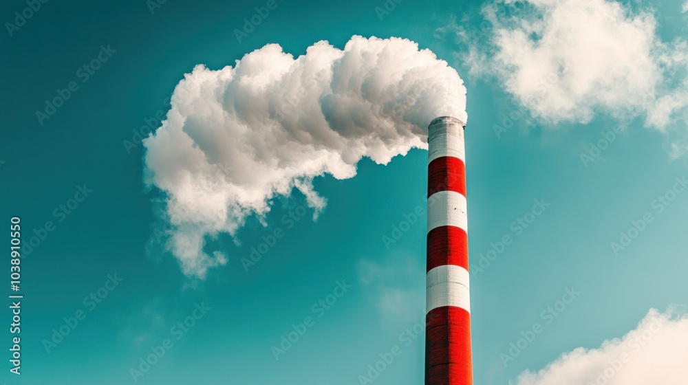A tall smokestack emits white smoke against a blue sky with clouds. A tall smokestack emits white smoke against a blue sky with clouds.