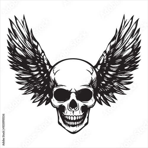 
Simple vector logo of a skull with wings, on a pure white background.