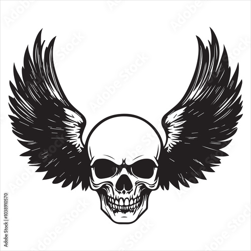 
Simple vector logo of a skull with wings, on a pure white background.
