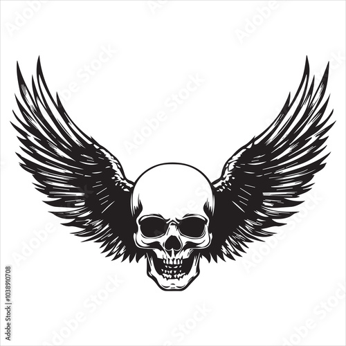 
Simple vector logo of a skull with wings, on a pure white background.