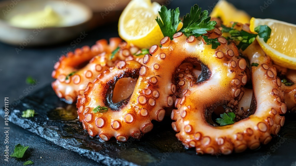 Grilled octopus garnished with lemon and herbs on a slate platter. Grilled octopus garnished with lemon and herbs on a slate platter.