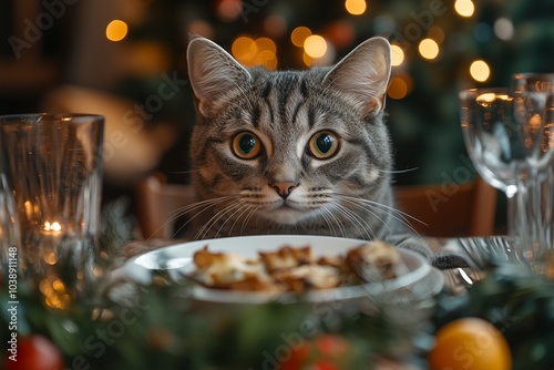 Curious cat observes a holiday feast on a beautifully set table with festive decorations