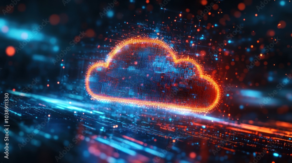 Obraz premium A glowing digital cloud symbol representing data storage and technology.
