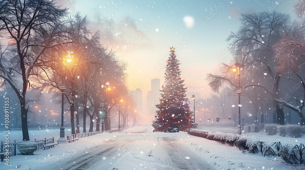 Christmas tree in the winter snow city Christmas tree in the winter snow city