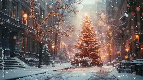 Christmas tree in the winter snow city