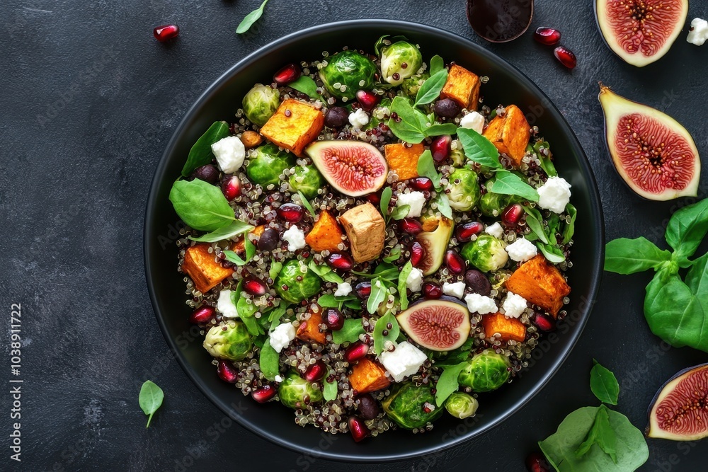 Top view of a cozy quinoa salad with roasted veggies figs feta and pomegranate Top view of a cozy quinoa salad with roasted veggies figs feta and pomegranate
