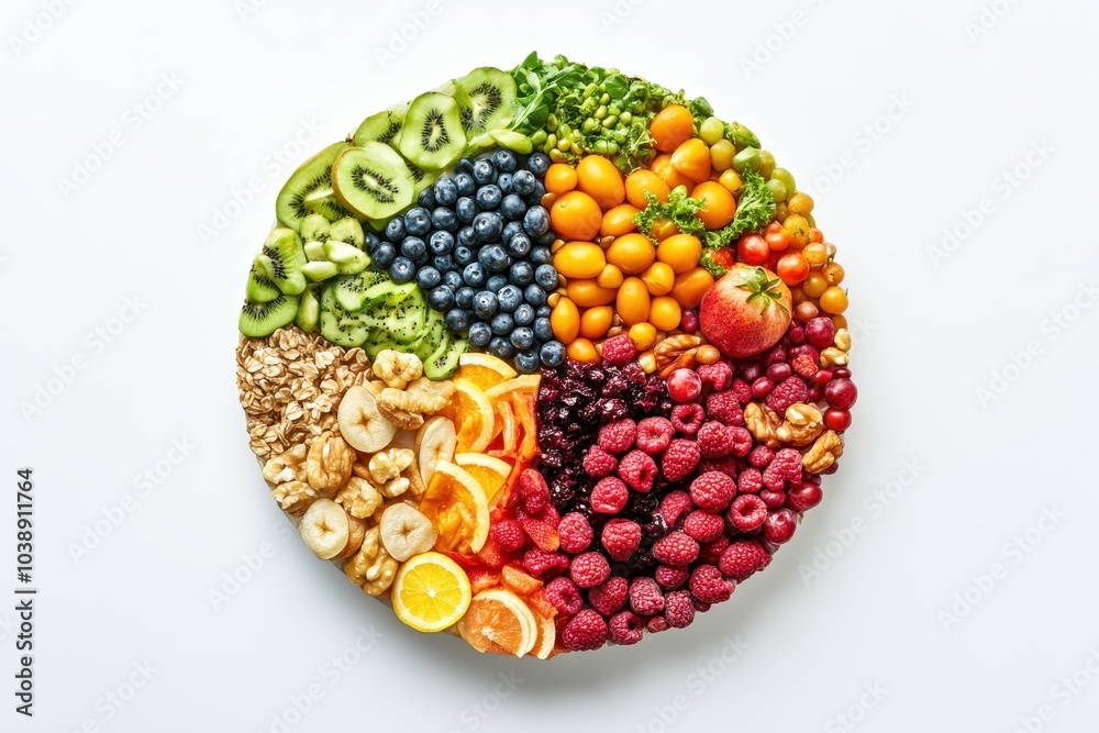 Top view of a food pie chart on a white backdrop representing a nutritious diet Top view of a food pie chart on a white backdrop representing a nutritious diet
