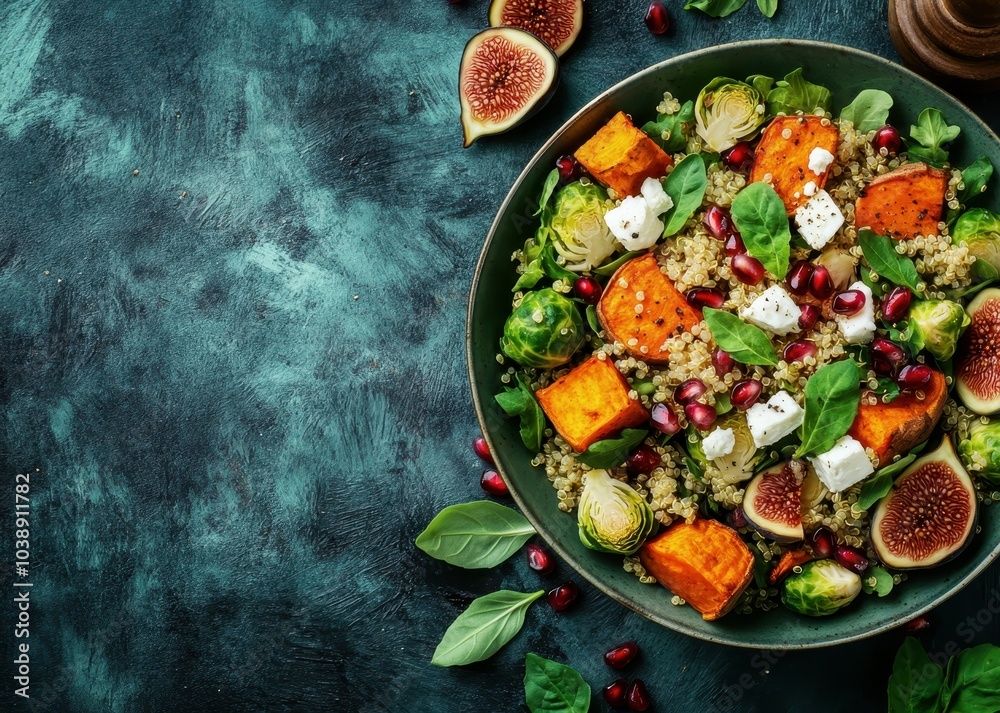 Top view of a cozy autumn salad featuring quinoa roasted veggies sweet potato Brussels sprouts figs feta and pomegranate Top view of a cozy autumn salad featuring quinoa roasted veggies sweet potato Brussels sprouts figs feta and pomegranate