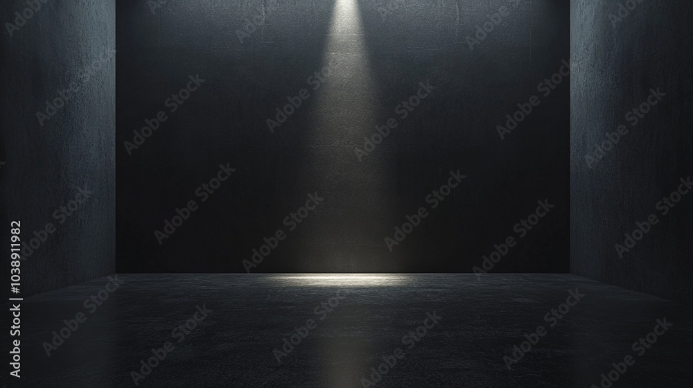 A dimly lit empty space with a single spotlight illuminating the floor at night