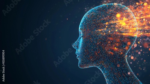 Represent the flow of data or light as a human head, with digital patterns or flows around the head to give the impression that AI is understanding human mental processes.