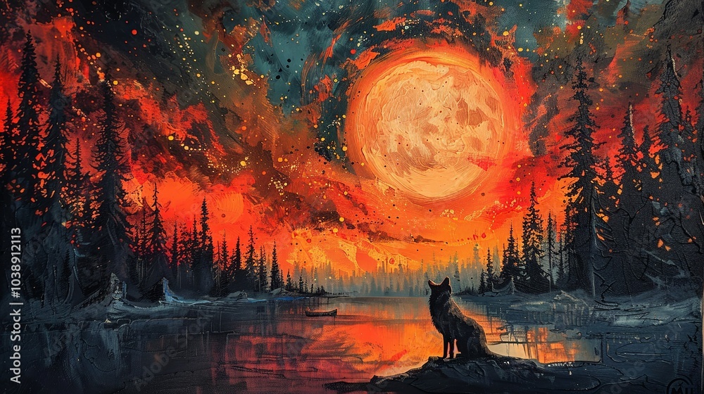 Obraz premium Vibrant landscape featuring a howling wolf spirit under the aurora borealis