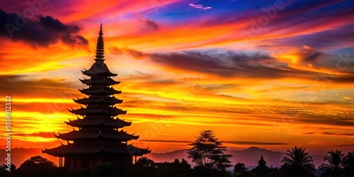 A solitary pagoda's shadow dances upon the fiery tapestry of the setting sun.