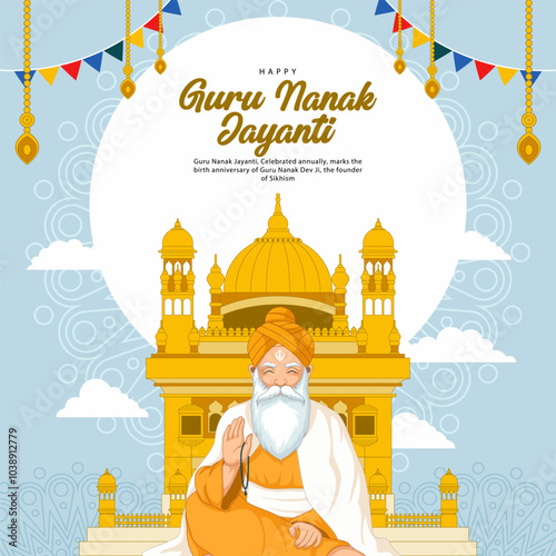 happy guru nanak jayanti for greeting card, social media post with flat design concept