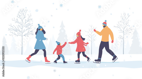 Winter vacation set. Families, children skating on ice, sledding, country houses. Flat vector illustrations. 