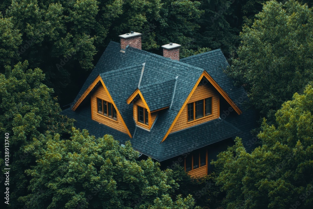 Tree surrounded house topped with a garret and dark asphalt shingles Tree surrounded house topped with a garret and dark asphalt shingles