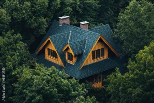 Tree surrounded house topped with a garret and dark asphalt shingles