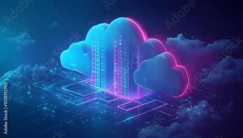 3D isometric cloud storage icon representing digital data transmission and modern networking. Digital futuristic servers and abstract technology in a neon cyber environment for business and security.