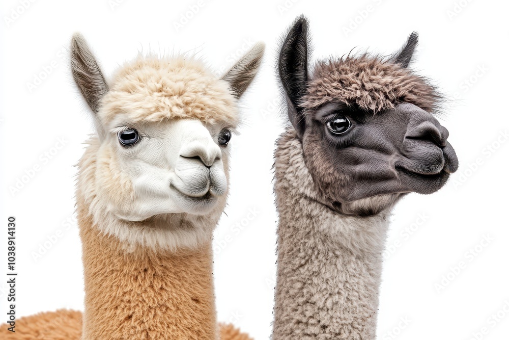 Obraz premium Two alpacas one dark fawn and one medium silver grey isolated on white