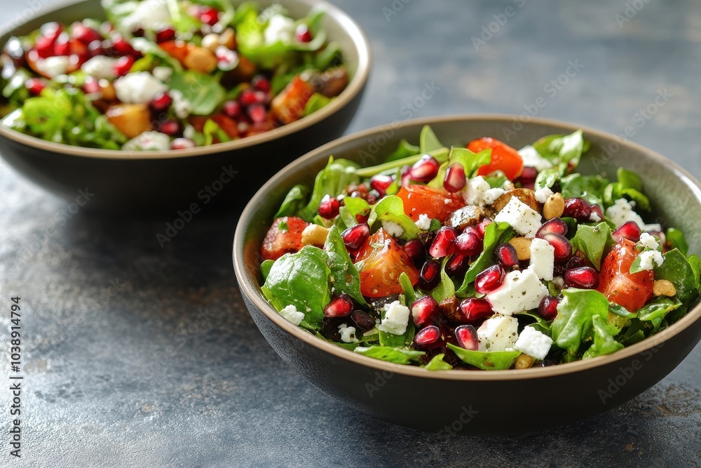 Two servings of salad with pomegranate and feta Two servings of salad with pomegranate and feta