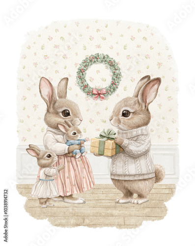 Watercolor vintage composition card with family of rabbits animals in clothes with Christmas wreath in cozy room surrounded by Christmas interiors. Hand drawn illustration sketch