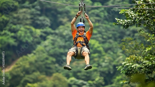 A person enjoys ziplining through a lush green landscape, showcasing an adventurous outdoor activity.
