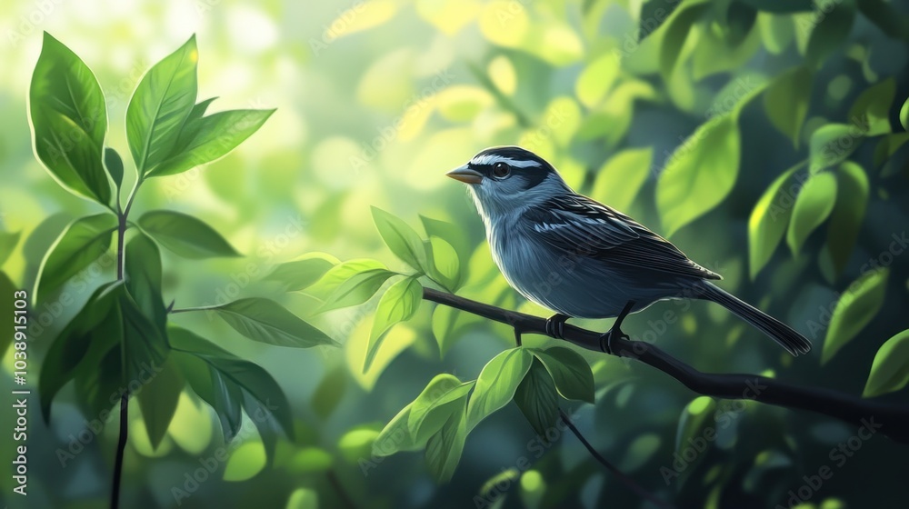 A serene bird perched on a branch surrounded by lush green leaves. A serene bird perched on a branch surrounded by lush green leaves.