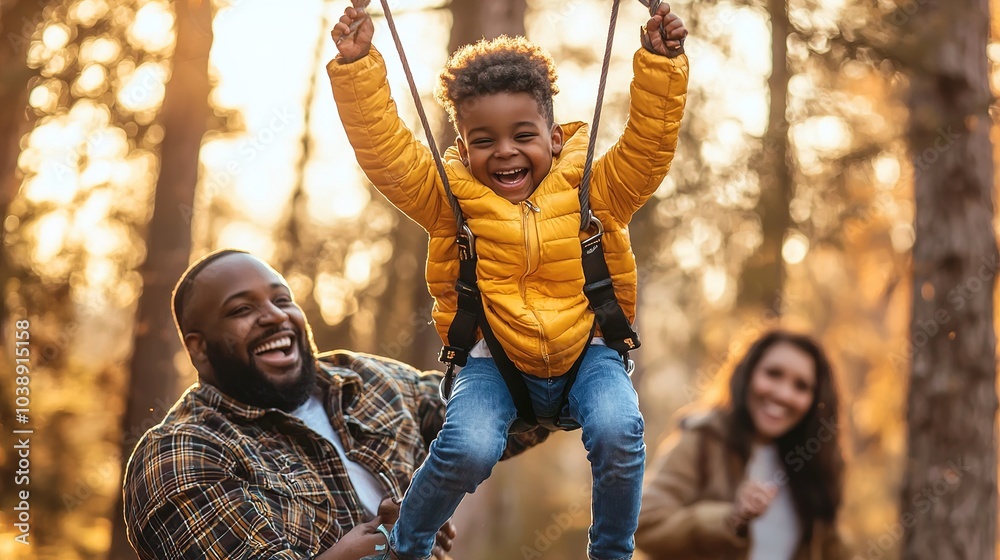 Obraz premium A joyful child swings in the park with parents in the background, surrounded by trees, celebrating a moment of family happiness in warm autumn light.