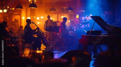 Live jazz performance in a vibrant lounge with musicians creating a soulful ambiance.