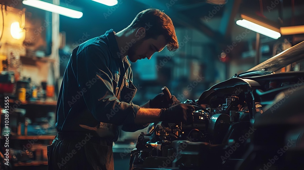 Mechanic working focused in auto repair garage, illuminated workspace.