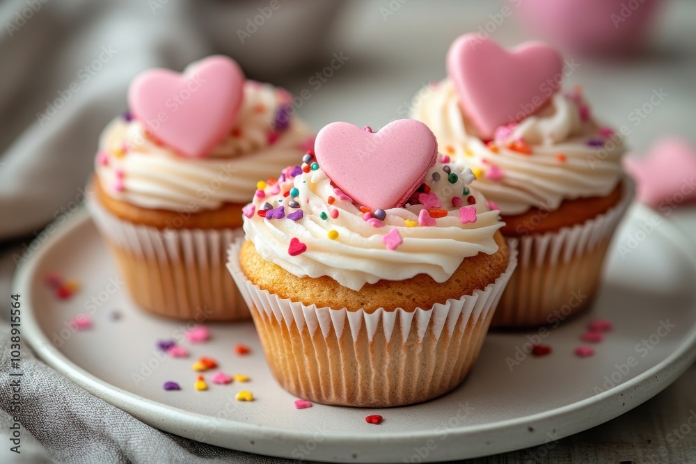 Valentine s Day heart filled cupcakes topped with heart sprinkles on a white plate Concept of love Focused shot Valentine s Day heart filled cupcakes topped with heart sprinkles on a white plate Concept of love Focused shot