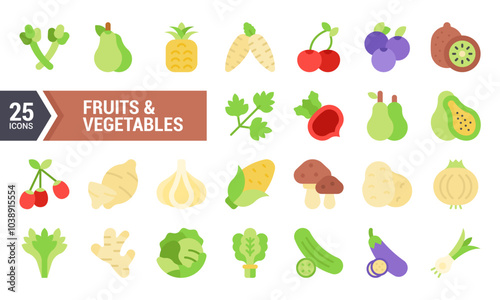 25 Flat Icons of Fresh Fruits and Vegetables for Your Design.