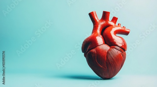 A realistic model of a human heart against a light blue background.