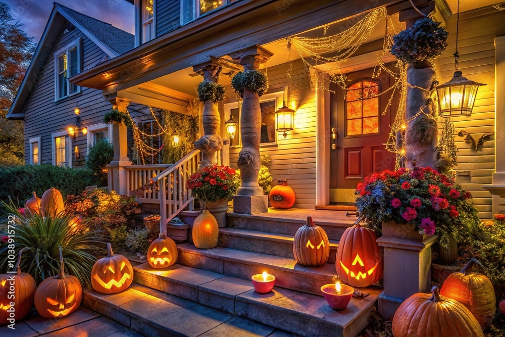 Obraz premium Carved pumpkins, lanterns aglow, a haunting welcome for a spooky Halloween.