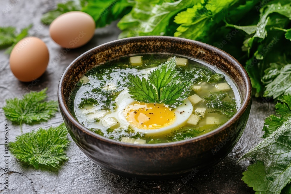 Vegetable and egg soup with fresh nettles Nettle leaves in the kitchen Plant based diet Nutritious meals Vegetable and egg soup with fresh nettles Nettle leaves in the kitchen Plant based diet Nutritious meals