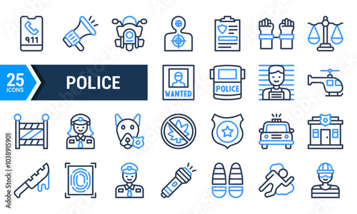 Blue and White Line Police Icon Set for Website and Mobile App Design.