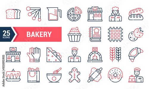 A set of 25 line icons representing various bakery items.