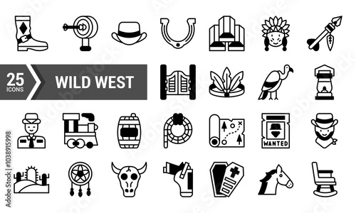 25 Wild West Lineal Fill Icons for Design Projects.