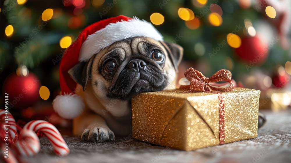 Adorable pug wearing a Santa hat, resting on a gold-wrapped present, surrounded by festive Christmas decorations. Adorable pug wearing a Santa hat, resting on a gold-wrapped present, surrounded by festive Christmas decorations.