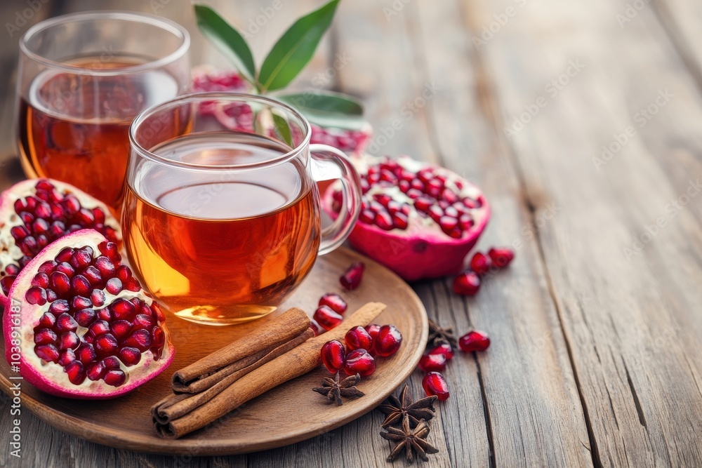 Vertical tea with star anise cinnamon and pomegranate on a wooden table Vertical tea with star anise cinnamon and pomegranate on a wooden table
