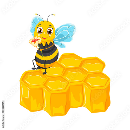 A bee sitting on a honeycomb with honey. Cartoon bee.