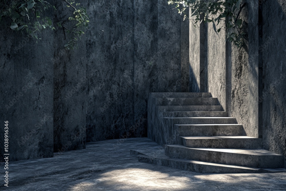 Obraz premium Serene Sunlit Stone Steps Amidst Leafy Shadows in Concrete
