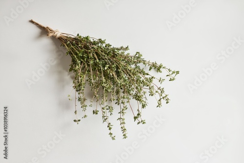 Vertical image of hanging aromatic herbs like thyme mint immortelle or sage drying on a string against a white wall photo