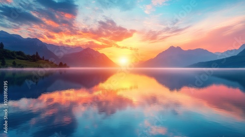 Serene Sunset over Mountain Lake