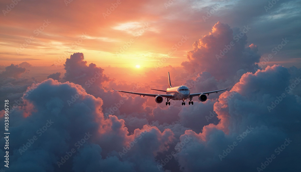Commercial airplane flying above dramatic clouds during sunset. Commercial airplane flying above dramatic clouds during sunset.