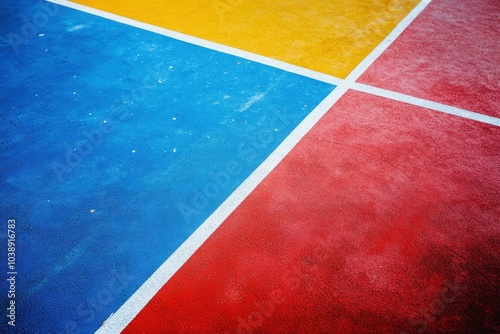 Vibrant sports court backdrop Aerial perspective of outdoor red and blue rubber surface with white and yellow markings photo